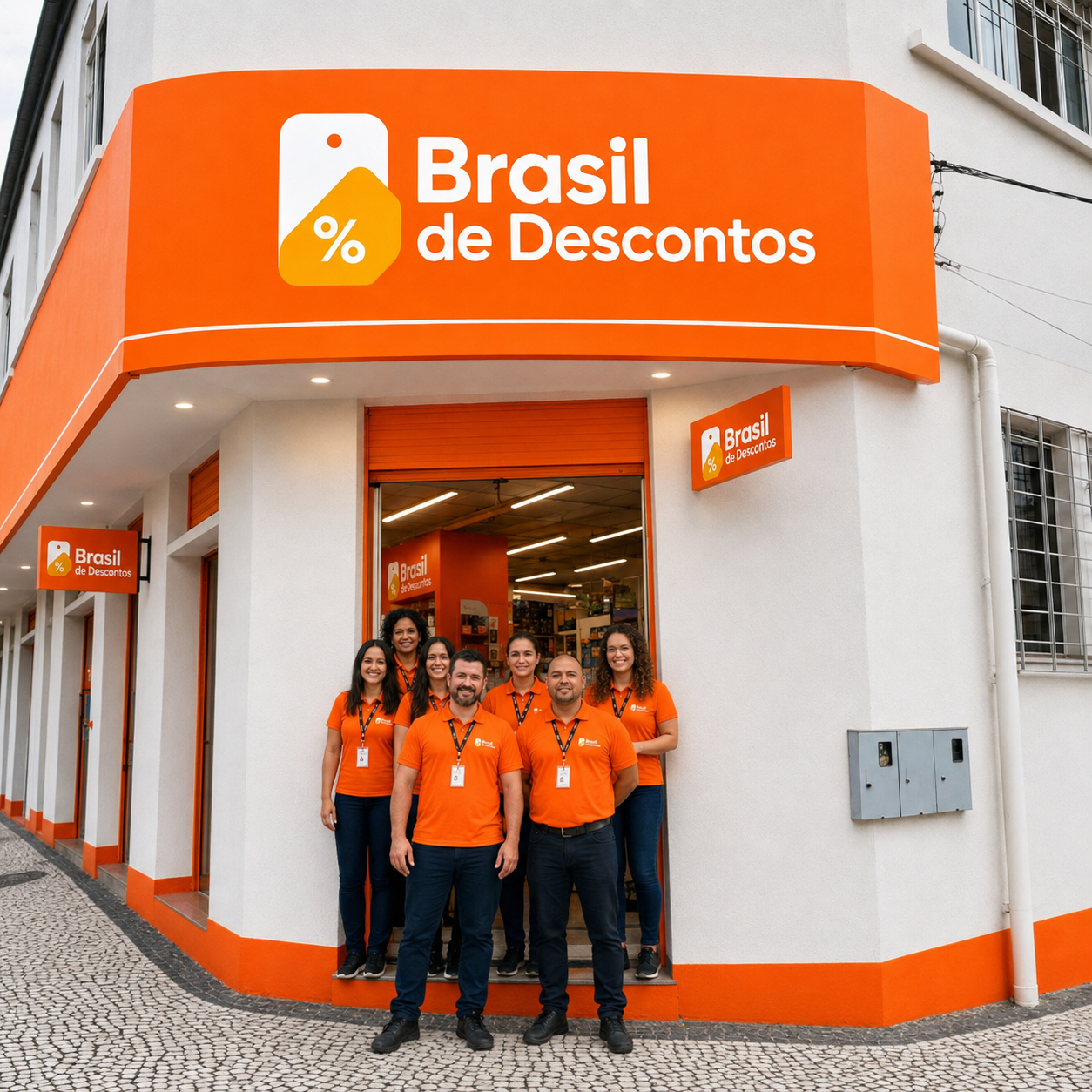 Equipe da Brasil de Descontos na fachada da loja